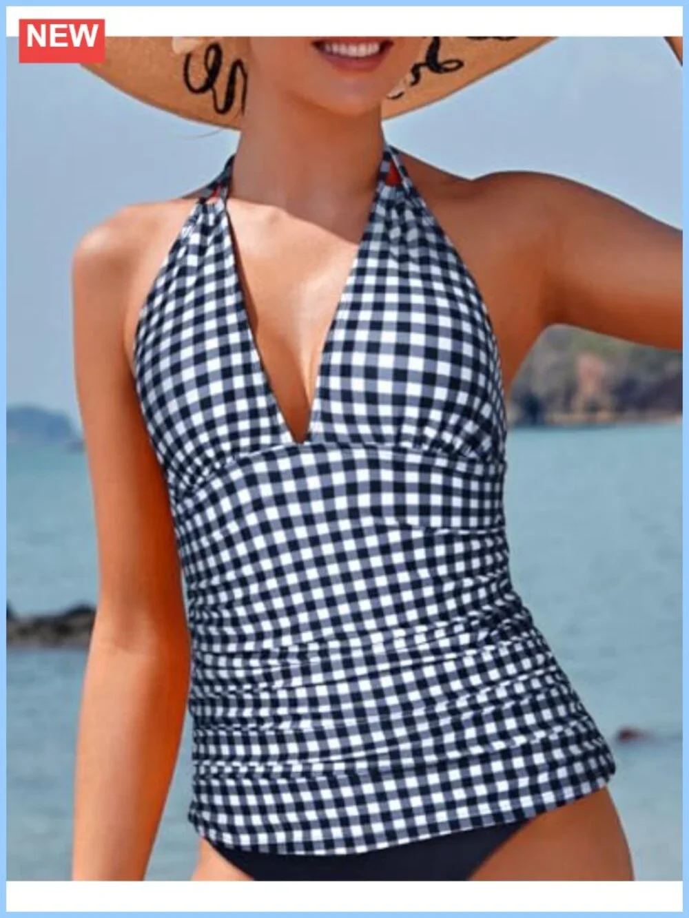 Women's Halter Tankini Top V-Neck Tummy Control Swim Top Ruched UPF 50+